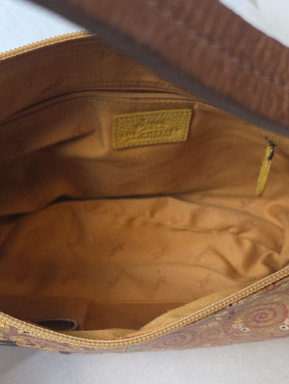 ICON Mustard Yellow Shoulder Bag with Brown Trim and Decorative Print - Picture 8 of 9